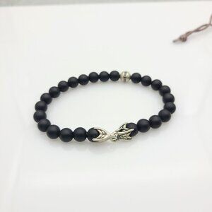 David Yurman 8mm Men's Bead Bracelet Black Matte and Silver Wave & Black Diamond